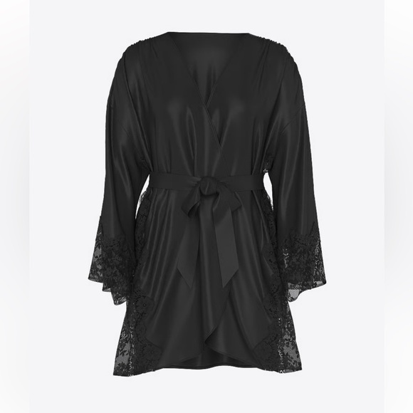 Victoria's Secret Other - Victoria’s Secret Satin Lace Trim Robe Black XS/S Kimono Style Wrap Belt Lounge